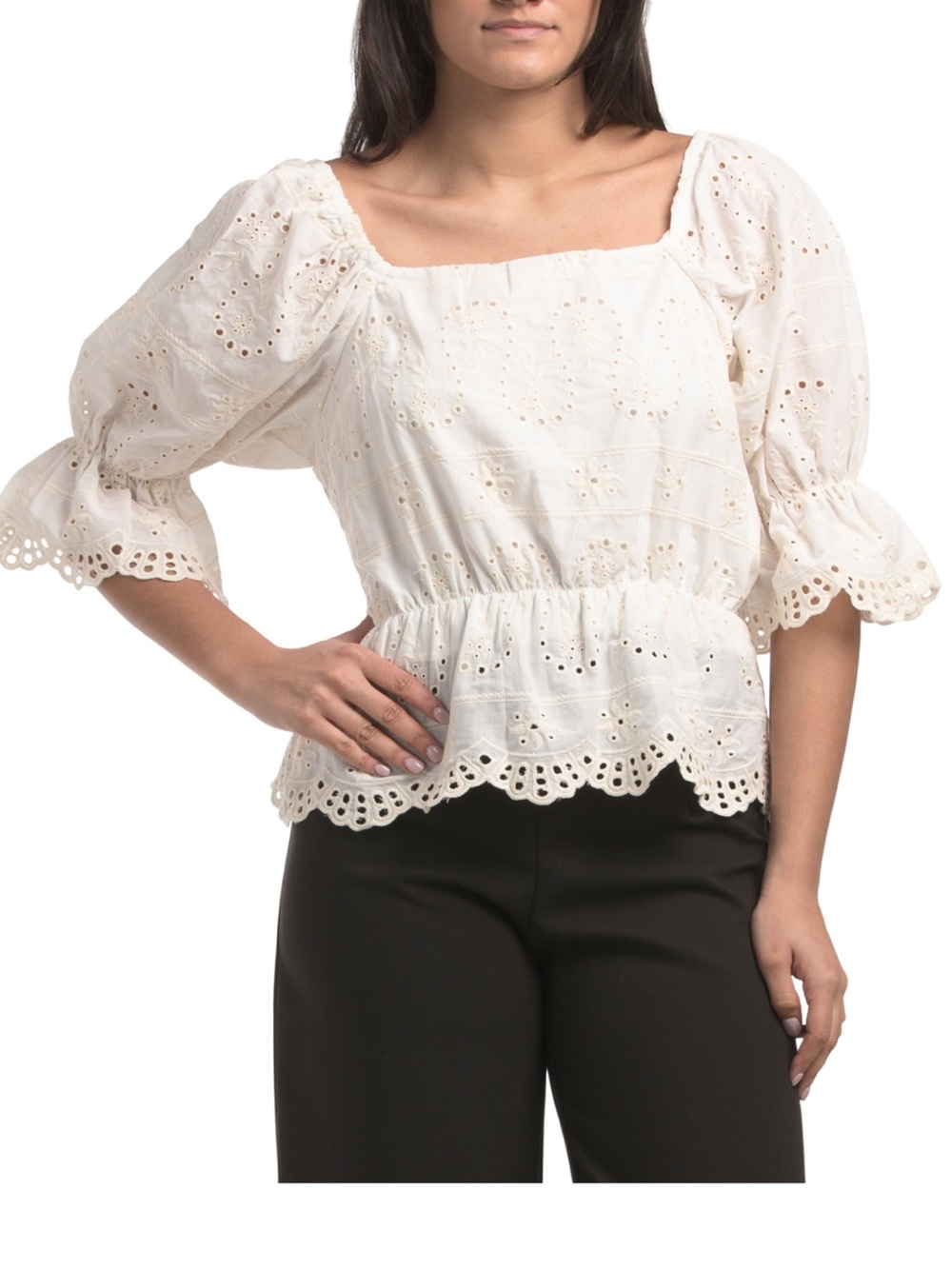 🦢 LIV LOS ANGELES Women’s Eyelet Square-Neck Puff Sleeve Top - Cream